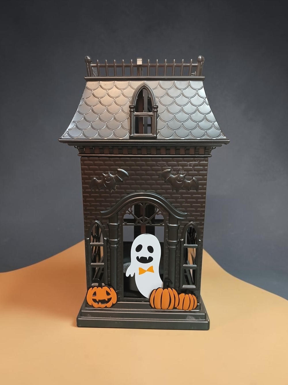 Haunted House Halloween Candle Holder- Black with Orange Accents